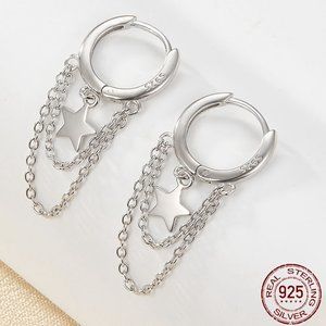 NEW Small 12mm 925 Sterling silver Huggie hoops With Double Chains and Stars